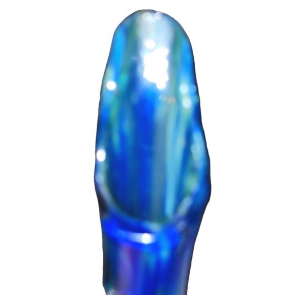 Hand Blown Blue & White Swirl Art Glass Vase With Abstract Fluted Rim 10 Inches - Picture 6 of 14